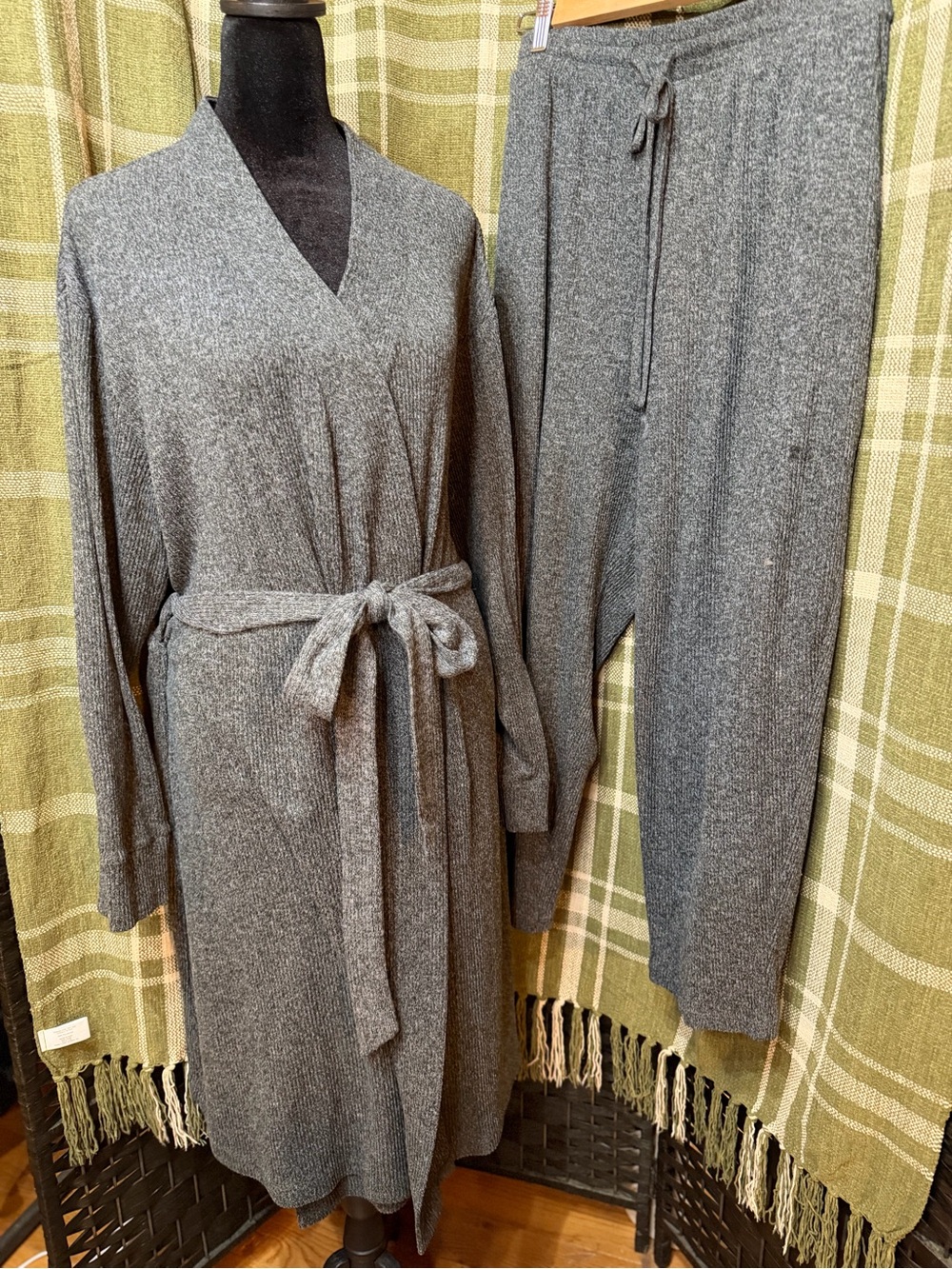 Lands' End Women's Heather Gray Knit Robe & Jogger Lounge Set